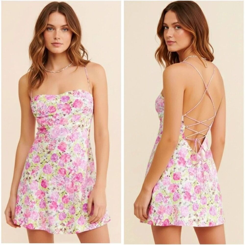 For Love & Lemons Paulina Mini Dress Womens Large Pink Green Floral Lace Up Back